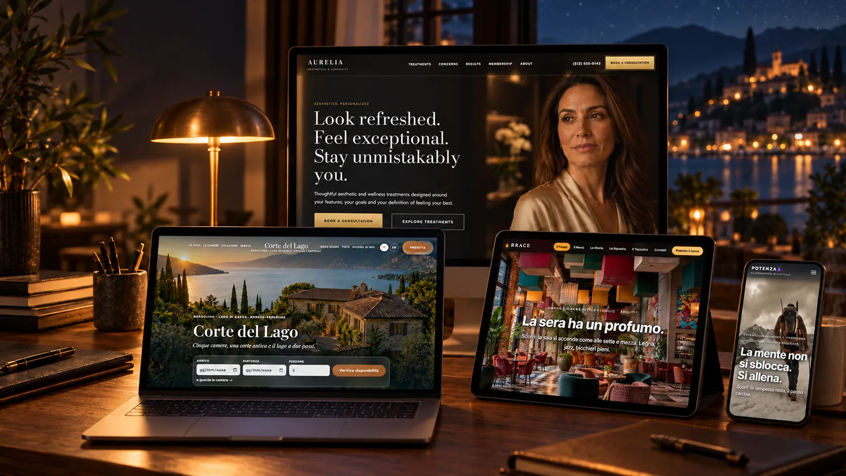 La scrivania di uno studio che fa siti, di sera: un portatile, un monitor, un tablet e un telefono, ognuno con uno dei nostri siti veri — un B&B sul lago, un centro estetico, un ristorante, una pagina di allenamento in montagna.