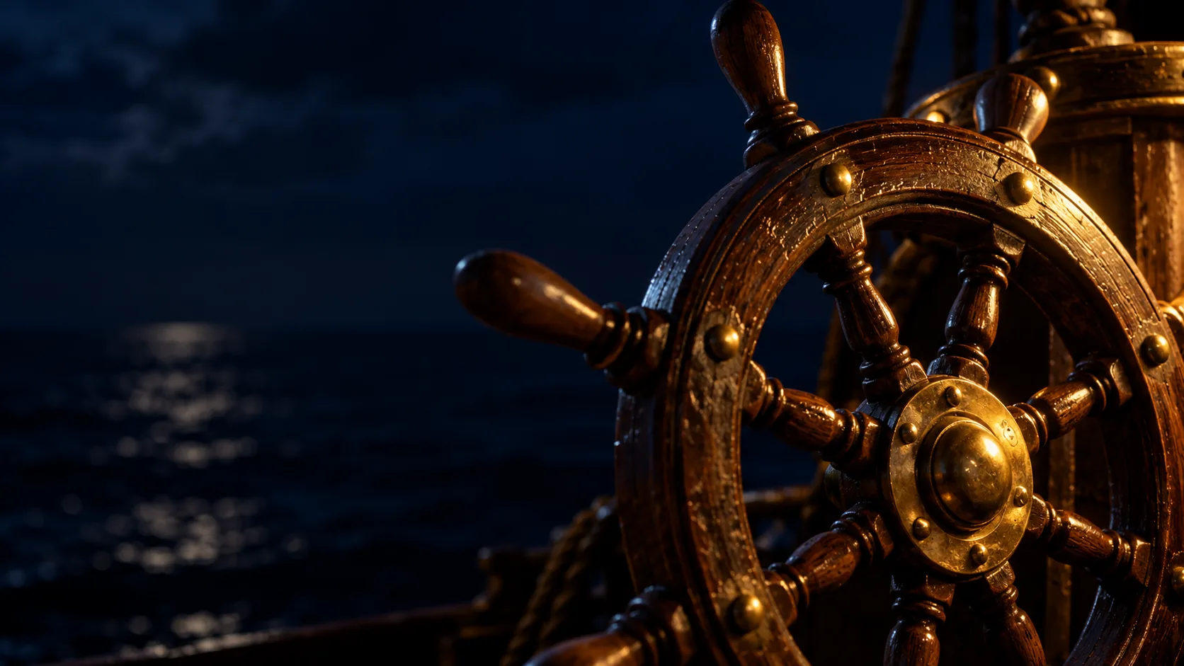 La ruota di un timone antico di legno con le borchie d'ottone, illuminata da una luce calda e bassa, di notte sul mare scuro.