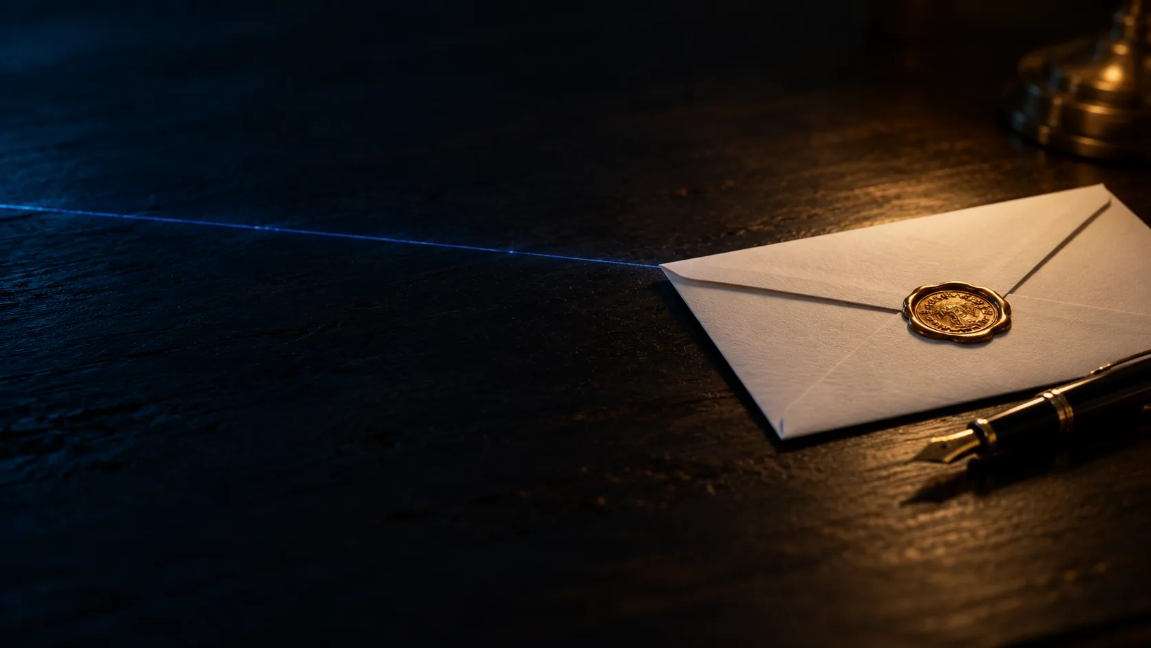 Una busta bianca chiusa con un sigillo di ceralacca d'oro e una penna stilografica su una scrivania scura, di notte; un filo sottile di luce azzurra attraversa il tavolo fino alla lettera.