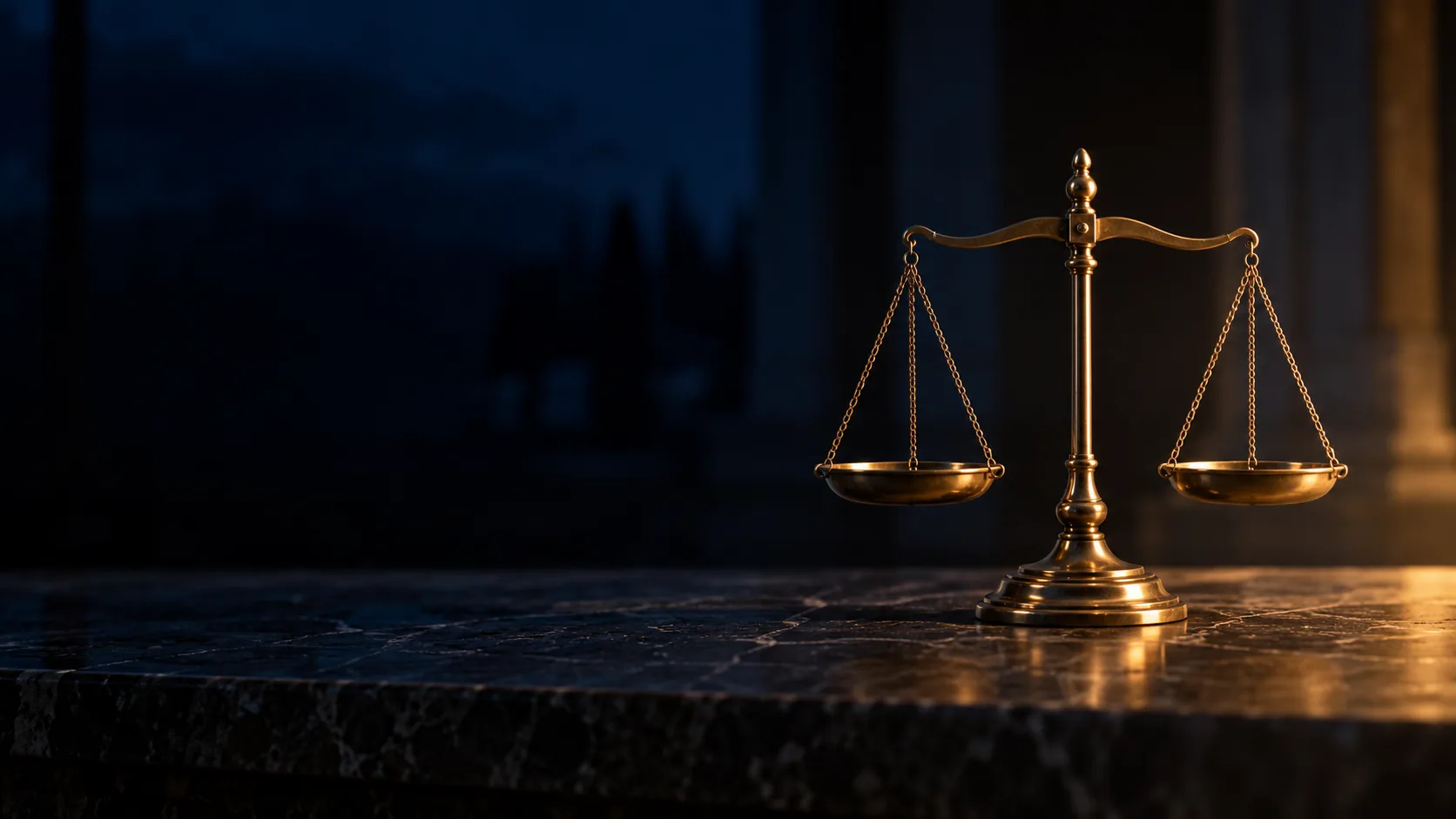 Una bilancia antica d'ottone a due piatti, in equilibrio perfetto, su un tavolo di pietra scura di notte.