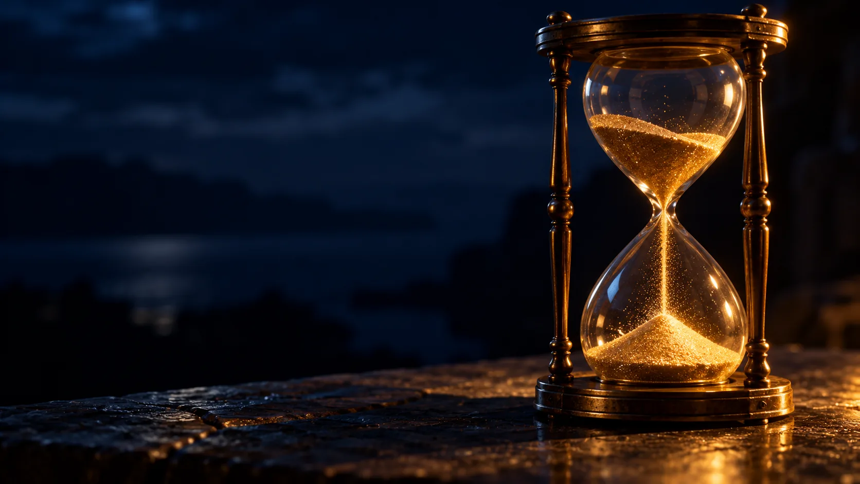 Una clessidra di vetro e ottone su un tavolo di pietra scura, di notte: la sabbia, luminosa come polvere d'oro, scende in un filo sottile e veloce.