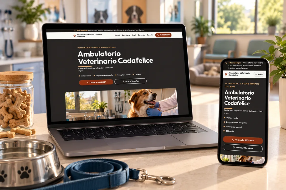 Ambulatorio Veterinario Codafelice: il sito di esempio aperto su un portatile e su un telefono