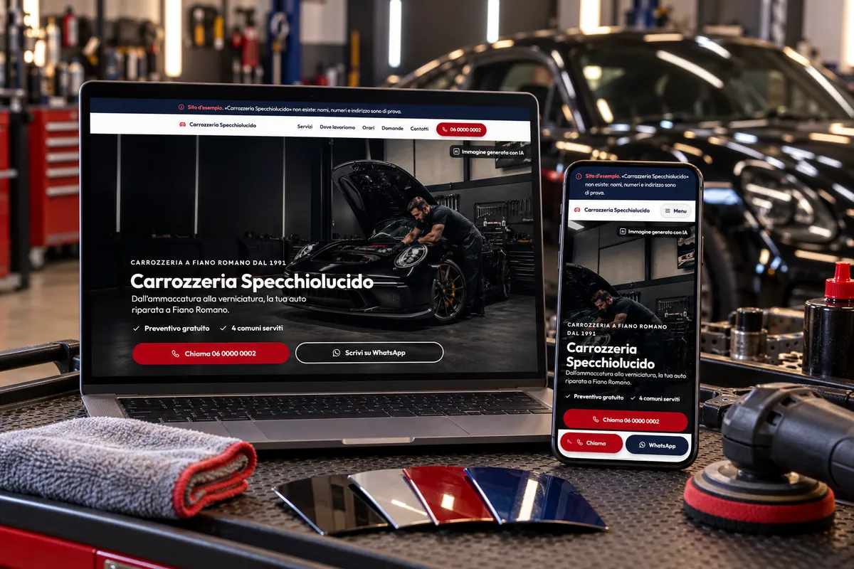 Carrozzeria Specchiolucido: il sito di esempio aperto su un portatile e su un telefono