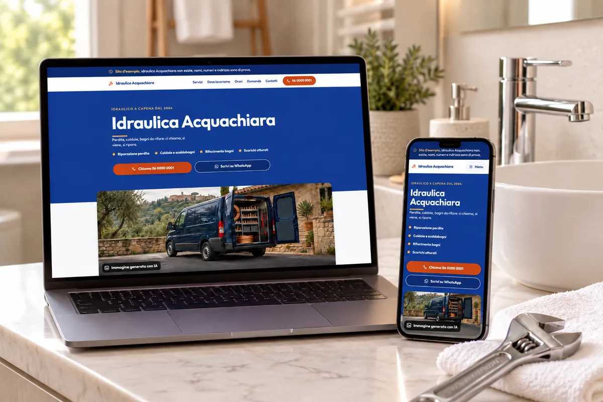 Idraulica Acquachiara: il sito di esempio aperto su un portatile e su un telefono