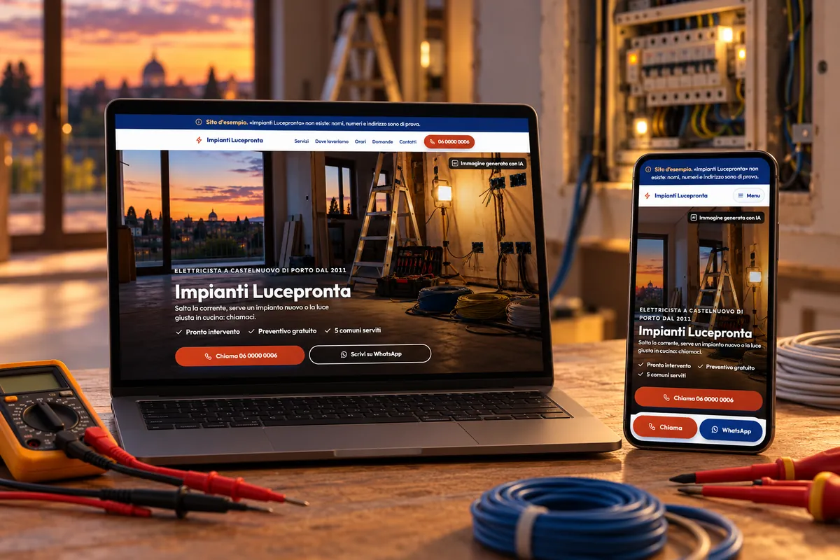 Impianti Lucepronta: il sito di esempio aperto su un portatile e su un telefono