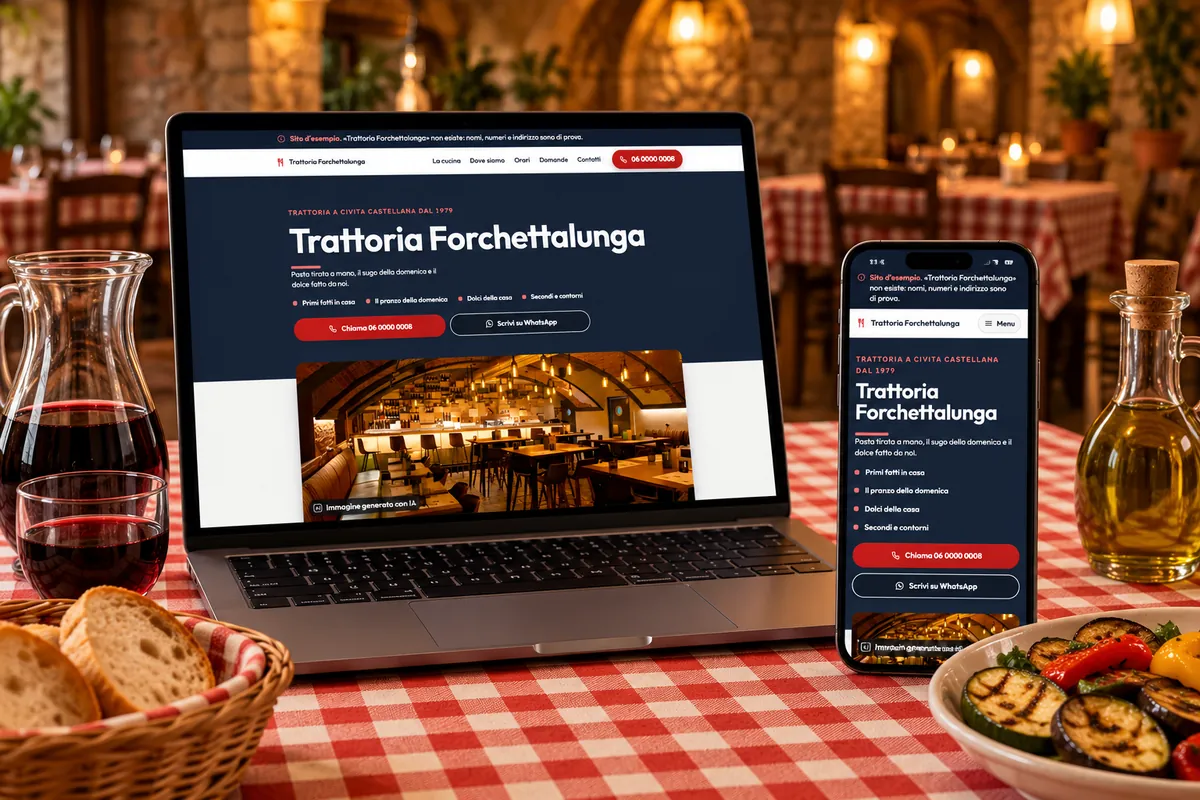 Trattoria Forchettalunga: il sito di esempio aperto su un portatile e su un telefono